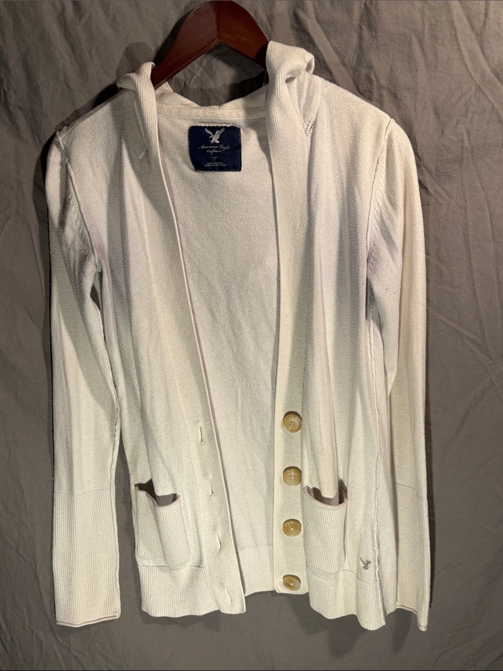 American Eagle Outfitters Cream Hooded Button Cardigan
